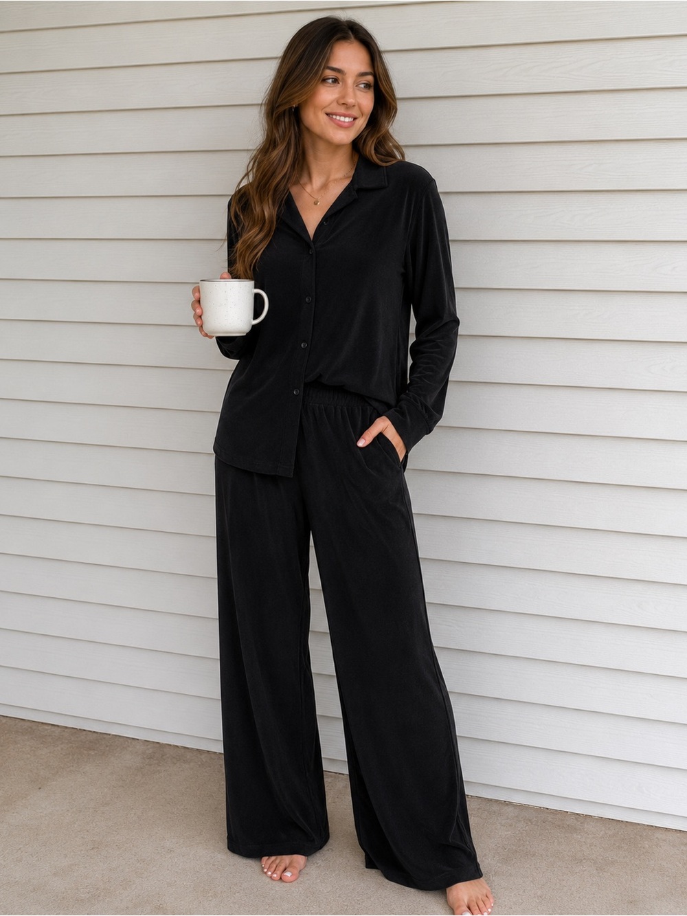 Easel Los Angeles Black 2 Piece Lounge Set Wide Leg Pants Medium New